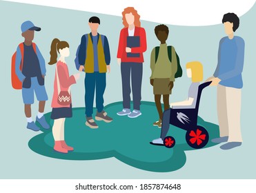 A group of teenagers communicate. Students and friends. Different people. Girl with disability. Vector illustration. 