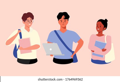 A Group Of Teenagers Diverse College Or University Students Vector Illustration. Happy Group Of Students With Books And Laptop On An Isolated Background. People And Education Concept