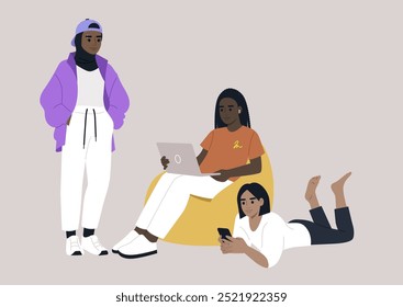 A group of teenagers enjoying a cozy afternoon on a colorful bean bag while engaged in fun digital activities in a modern, relaxed indoor space
