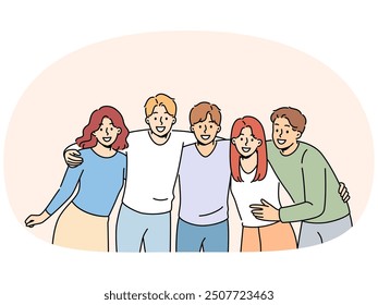 Group of teenagers high school students hug and laugh, enjoy being friends with peers and classmates. Team of happy teenagers looking at screen for advertising educational services