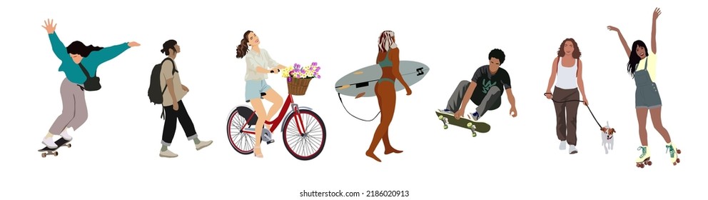 Group of teenagers performing summer outdoor activities - walking dogs, riding bicycle, skateboarding. Group of male and female flat cartoon characters isolated on white. Vector illustration.