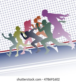 A group of teenagers running on the track. Vector