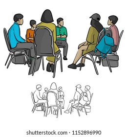 group of teenagers sitting in a circle during consultation with counselor vector illustration sketch doodle hand drawn with black lines isolated on white background