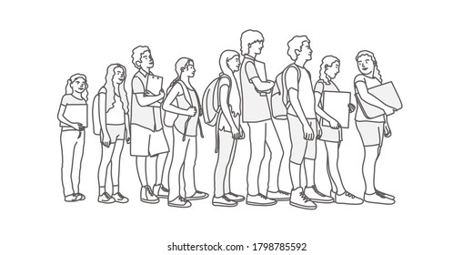 Group of teenagers stand in a line. Line drawing vector illustration.