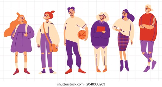 A group of teenagers, students and pupils. Happy friends. A company of colorful young people. Vector illustration. Purple color