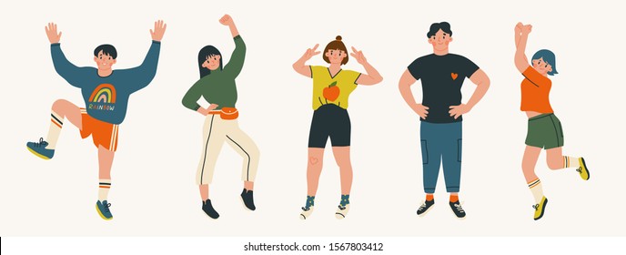 Group of teenagers in trendy clothes reveal various emotions. Mood expression. Modern fashion look. Hand drawn vector trendy illustration. Flat design. Cartoon style. All elements are isolated