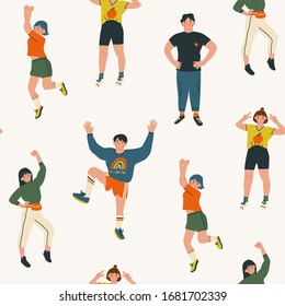 Group of teenagers in trendy clothes reveal various emotions. Mood expression. Modern fashion look. Hand drawn vector Seamless pattern. Flat design. Cartoon style. All elements are isolated