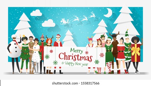Group of teens in Christmas costume concept holding board with text Merry Christmas and Happy New Year , vector, illustration