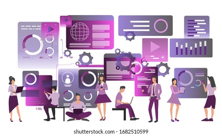 group teens communicate over social network by using the technology with smart phone, laptop, tablet. Illustration creative idea concept.  
