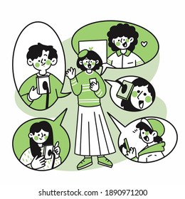 Teenagergruppe, die durch Videoanruf-Dodle-Objektillustration verbunden ist