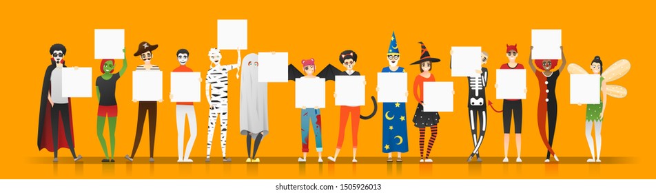 Group of teens in Halloween costume concept holding empty boards isolated on orange background , vector, illustration