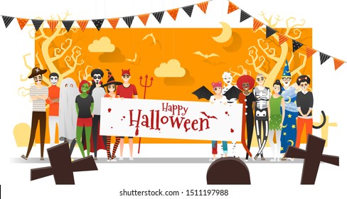 Group of teens in Halloween costume concept holding boards with text Happy Halloween on graveyard background , vector, illustration