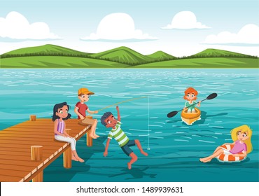 Group of teens jumping from wooden pier into the water. Kids having fun jumping in the lake water.