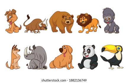 grupo de diez animales cómicos personajes de dibujos animados diseño de ilustraciones vectoriales