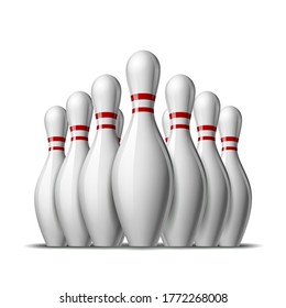 Group of ten bowling pins. Skittles with red stripes for Sport competition or Activity and fun game. Vector illustration isolated on white background