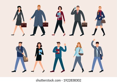 group of ten business persons walking back to office characters vector illustration design