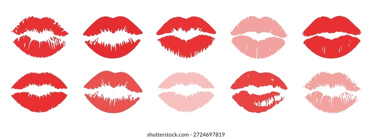 Grupo de dez ilustrações de impressão labial em tons vermelhos e rosa beijo marca manchas de batom para conceitos românticos e de beleza
