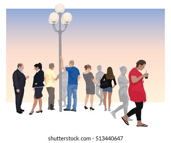 Group of ten people as vector  color illustration. They are talking, walking, standing. 