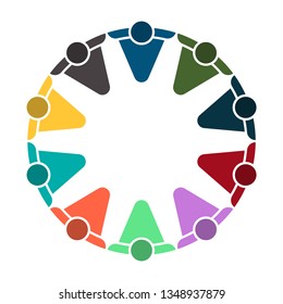 Group of ten persons in circle. holding hands.The summit workers are meeting in the same power room.
