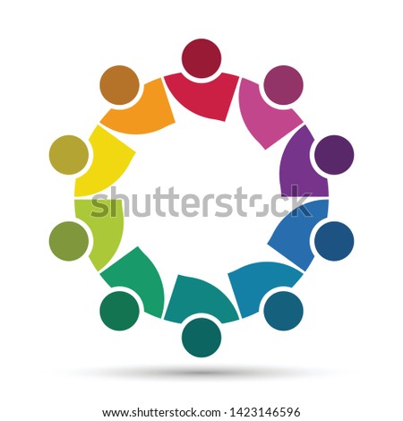 Group of ten persons in circle. holding hands.The summit workers are meeting in the same power room.