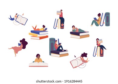 group of ten readers with books ,book day celebration vector illustration design