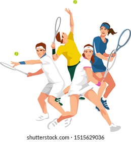 Group of tennis players with a rackets in hands. Vector illustration on white background. Sports concept.