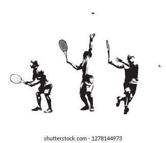 Group of tennis players, set of vector silhouettes. Isolated ink drawings