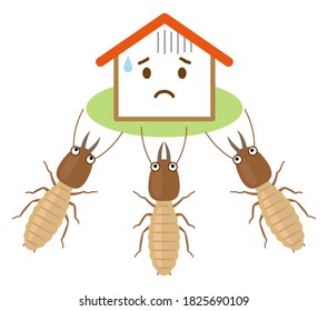 A group of termites attacking a house. Cartoon character illustration.