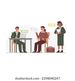 Group testing. Male character sits at table and surveys several people. Queue for interview, reception. Receipt of reports on completed work. Color vector illustration in flat style