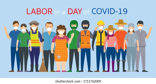 Group of Thai People Labor, Worker Wearing Face Mask, Prevention of Covid-19, Coronavirus Disease, 