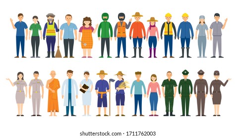 Group of Thai People Various Professions and Occupations, Career, Worker, Labor and Government Officer