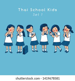 Group of Thai secondary school kids isolated on background : Vector Illustration