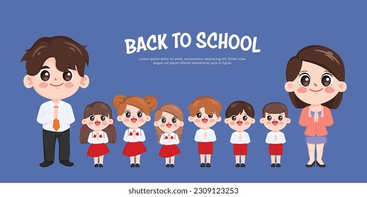 Group of Thai student and Thai teacher greeting with namaste character pose. Bangkok Thailand new normal wearing facemask and stay safe. Cartoon kid vector design.