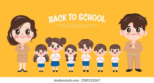 Group of Thai student and Thai teacher greeting with namaste character pose. Bangkok Thailand  stay safe. Cartoon kid vector design.