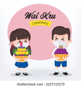 Group of Thai student and Thai teacher Wai Kru ceremony with namaste character pose. Bangkok Thailand cartoon teacher in uniform people.