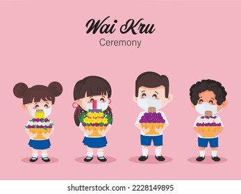 Group of Thai student and Thai teacher Wai Kru ceremony with namaste character pose. Bangkok Thailand cartoon teacher in uniform people.