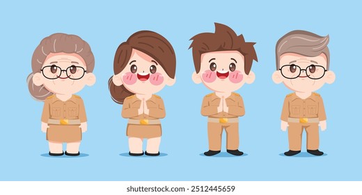Group of Thai teacher in uniform working with teamwork concept. Cartoon young teacher and old teacher character premium vector design.