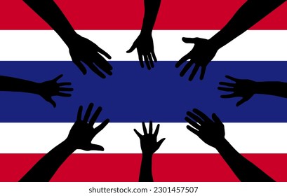 Group of Thailand people gathering hands vector silhouette, unity or support idea, hand gathering silhouette on Thailand flag, teamwork and togetherness concept, union of society