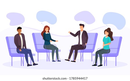 Group Therapy Addiction Treatment Concept With Four Diverse People Sitting Having An Open Discussion In A Mutual Support Program, Colored Vector Illustration