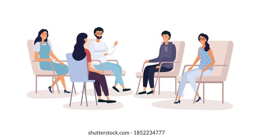 Group therapy for addiction treatment concept with various people sitting in armchairs and talking in psychologist office, flat cartoon vector illustration isolated on white background