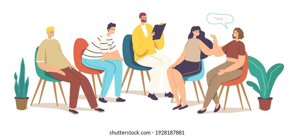 Group Therapy Addiction Treatment Concept. Characters Counseling with Psychologist on Psychotherapist Session. Doctor Psychologist Counseling with Diseased Patients. Cartoon People Vector Illustration