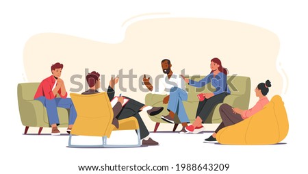 Group Therapy Addiction Treatment Concept. Characters Counseling with Psychologist on Psychotherapist Session. Doctor Psychologist Counseling with Diseased Patients. Cartoon People Vector Illustration