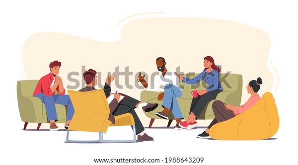 Group Therapy Addiction Treatment Concept.\
Characters Counseling with Psychologist on Psychotherapist Session.\
Doctor Psychologist Counseling with Diseased Patients. Cartoon\
People Vector\
Illustration