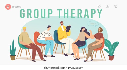 Group Therapy Addiction Treatment Landing Page Template. Characters Counseling with Psychologist on Psychotherapist Session. Psychologist with Diseased Patients. Cartoon People Vector Illustration