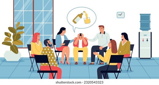 Group therapy in alcoholics anonymous club flat background with psychologist and people sitting in circle vector illustration svg