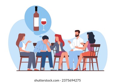 Group therapy in Alcoholics Anonymous club. Support for addicted people. Psychotherapist with alcoholics. Discussing problems on meeting. Cartoon flat style isolated vector concept svg