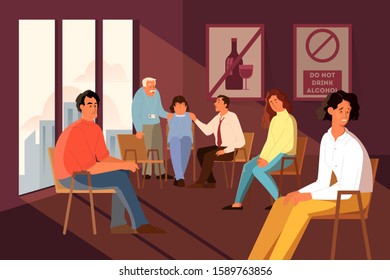 Group therapy for anonymous alcoholics. Support for addicted peope. Psychotherapist with alcoholics club. Idea of care and humanity. svg