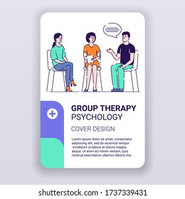 Group therapy brochure template. Counseling with psychologist cover design. Print design with linear illustration cartoon character on a white background
