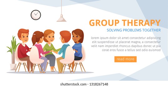 Group therapy cartoon banner with solving problems together headline place for text and orange button vector illustration