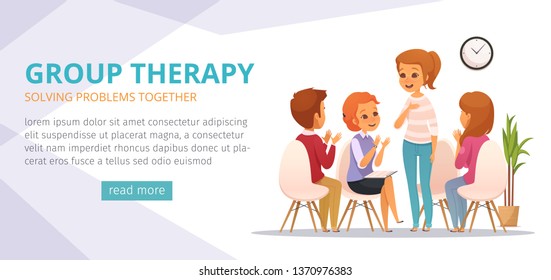 Group therapy cartoon banner with solving problems together descriptions and read more button vector illustration